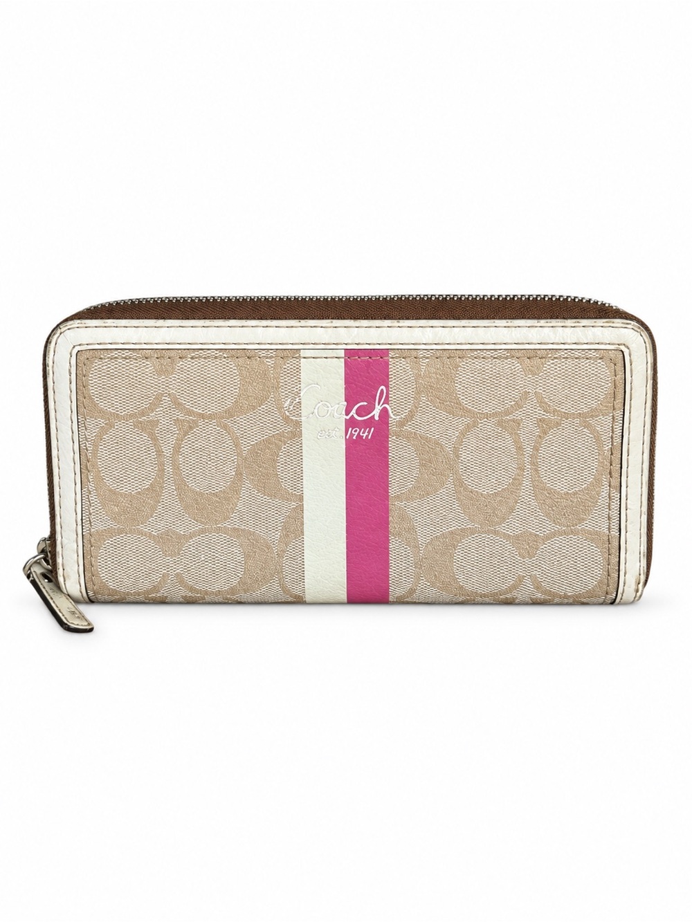 Coach Heritage Signature Stripe Khaki Pink Accordion Zip Wallet
